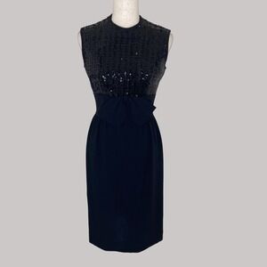 Vintage 60s Black Sequin Sleeveless Cocktail Party Dress Sz XS Bow Accent Fitted